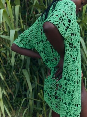 Zara Emerald Green Crochet Button-Front polo Coverup